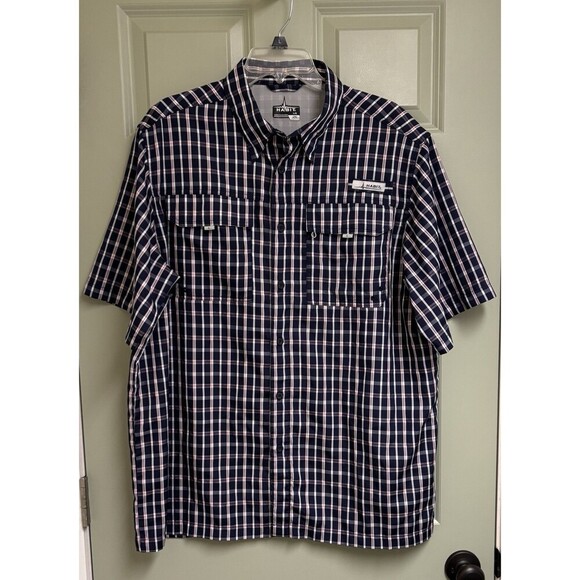 HABIT Vented Fishing Shirt Men Large Blue Plaid Short Sleeve UV40 Performance - Picture 1 of 12